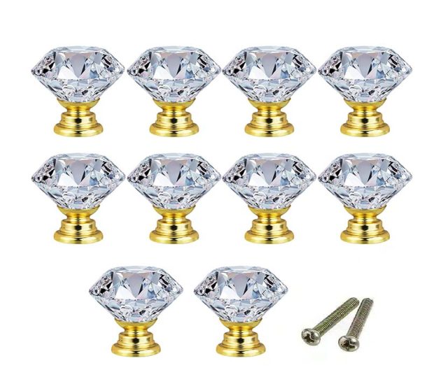 Set 10 butoni manere mobila cristal diamant auriu, design elegant si rafinat