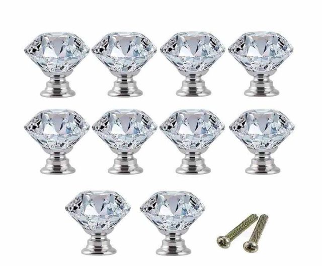 Set 10 butoni cristal diamant argintiu manere de mobila, design elegant si rafinat