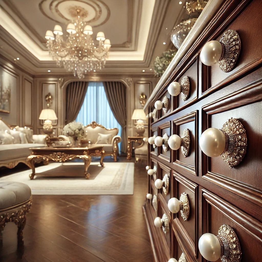 Interior elegant și spațios, cu mobilier clasic și butoni perlați cu cristale, într-un decor sofisticat.