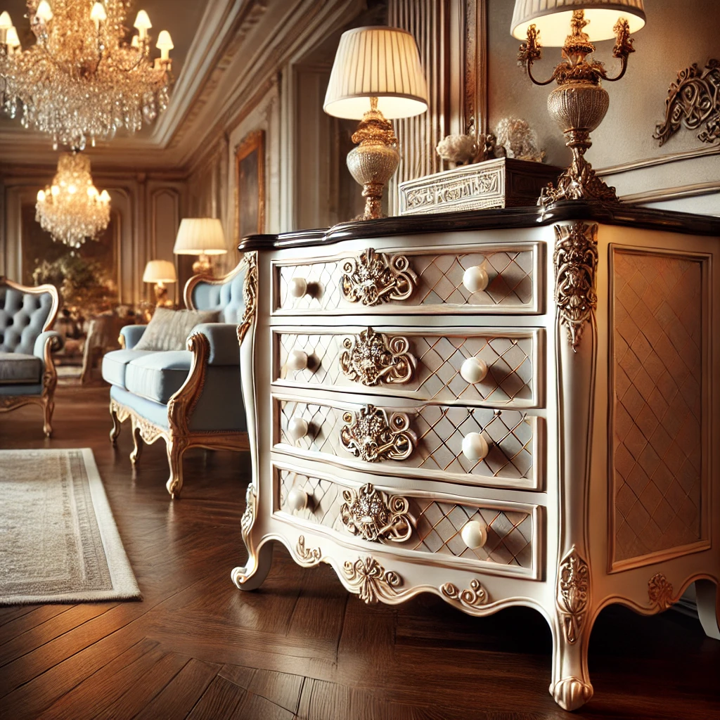 Comodă vintage recondiționată într-un interior elegant, cu detalii premium și butoni perlați cu cristale.