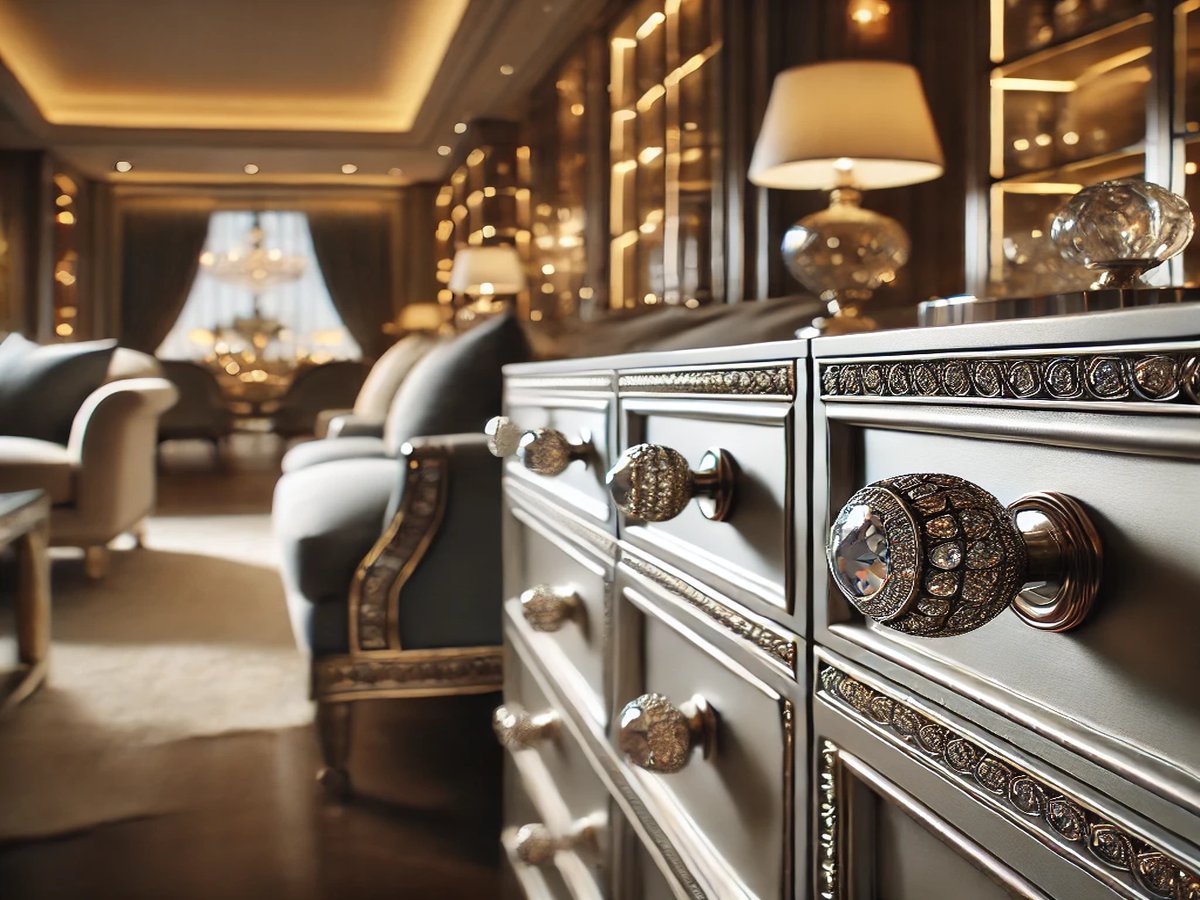 Butoni eleganți din cristal și argint, integrați într-un mobilier de lux, într-o cameră sofisticată cu design premium.