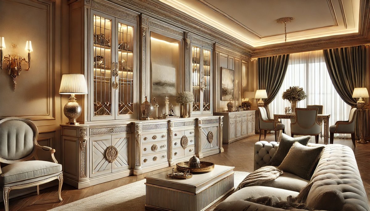 Interior elegant cu mobilier premium, dotat cu mânere din cristal și argint, într-un decor sofisticat.