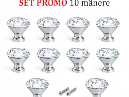 Set 10 manere butoni mobila cristal cromat argintiu