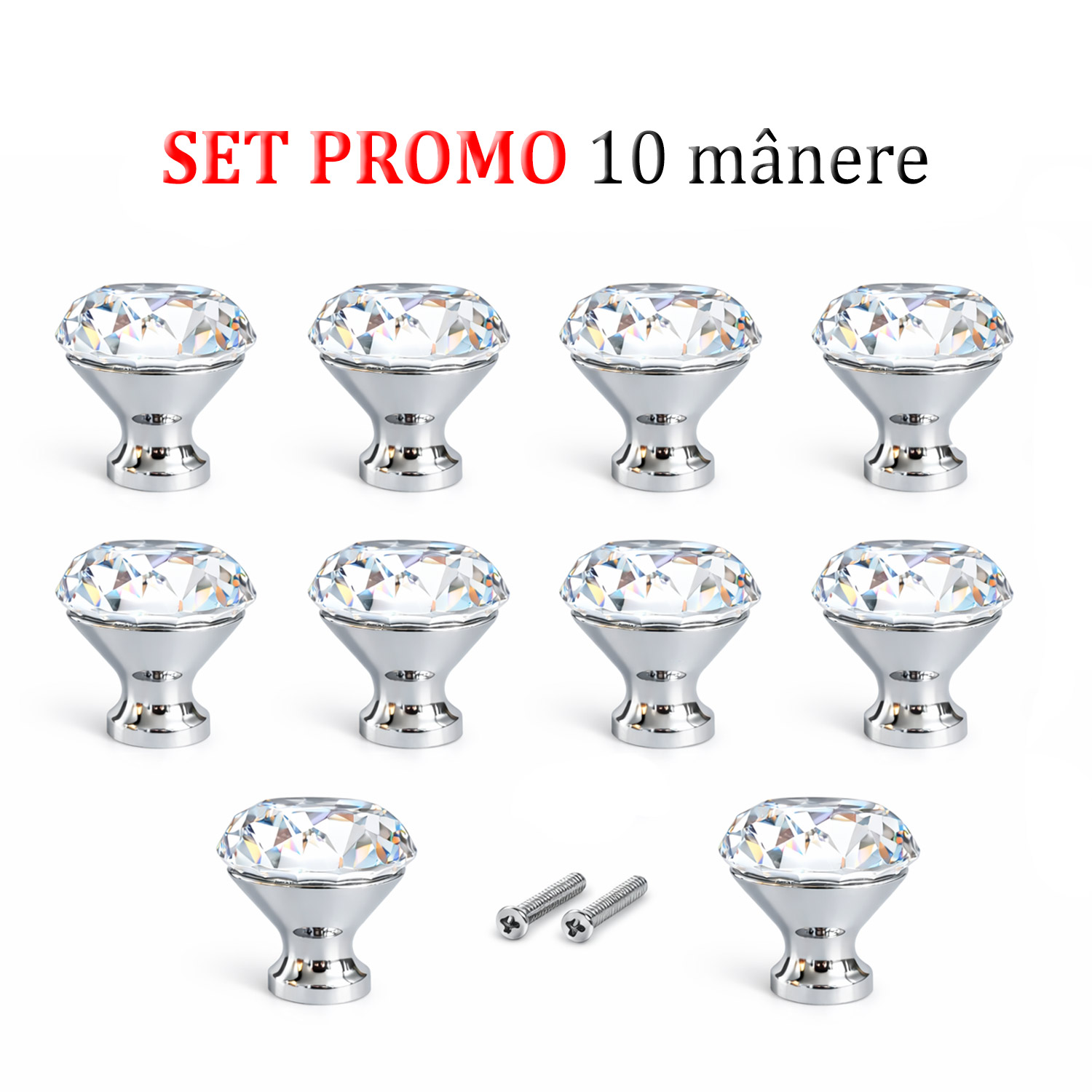 Set 10 manere butoni mobila cristal cromat argintiu