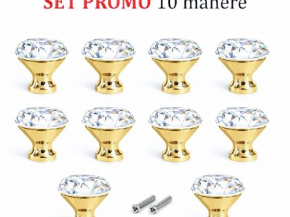 Set 10 manere butoni mobila cristal cromat auriu