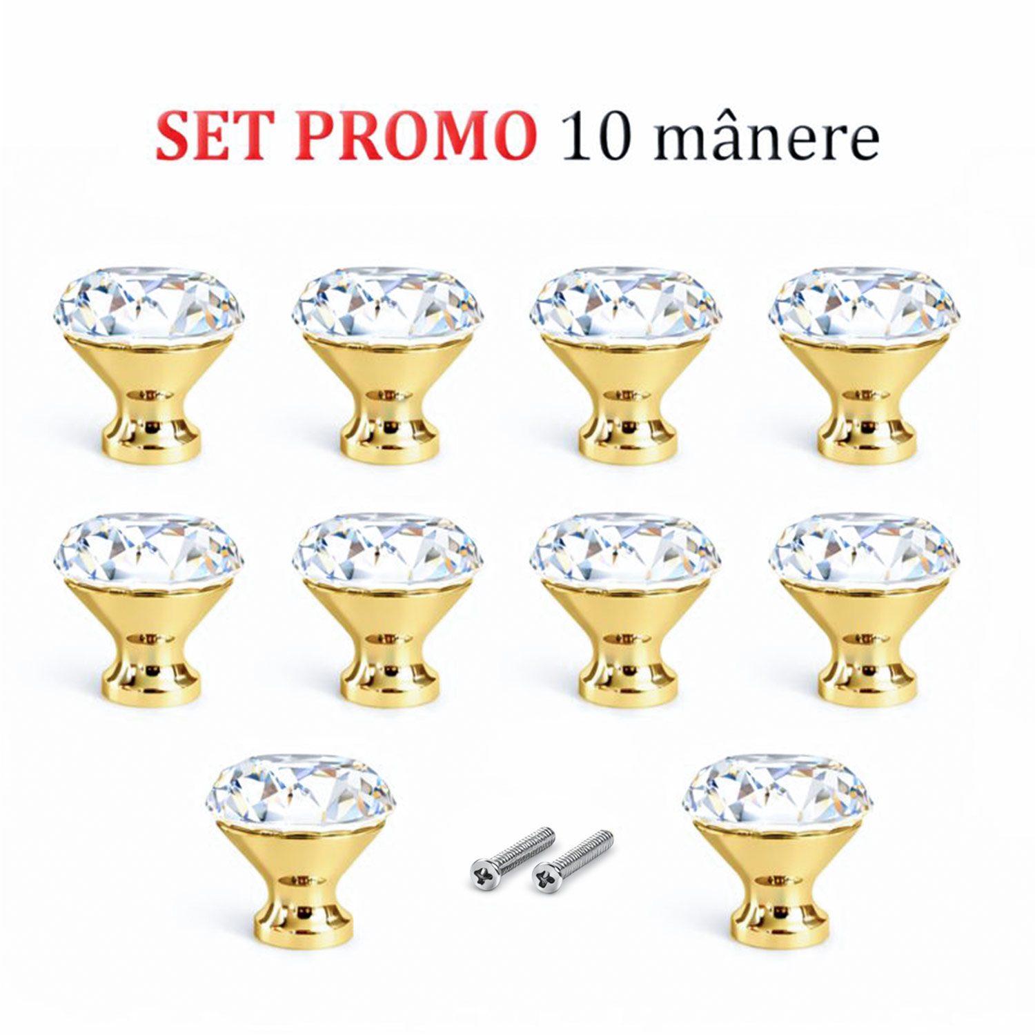 Set 10 manere butoni mobila cristal cromat auriu